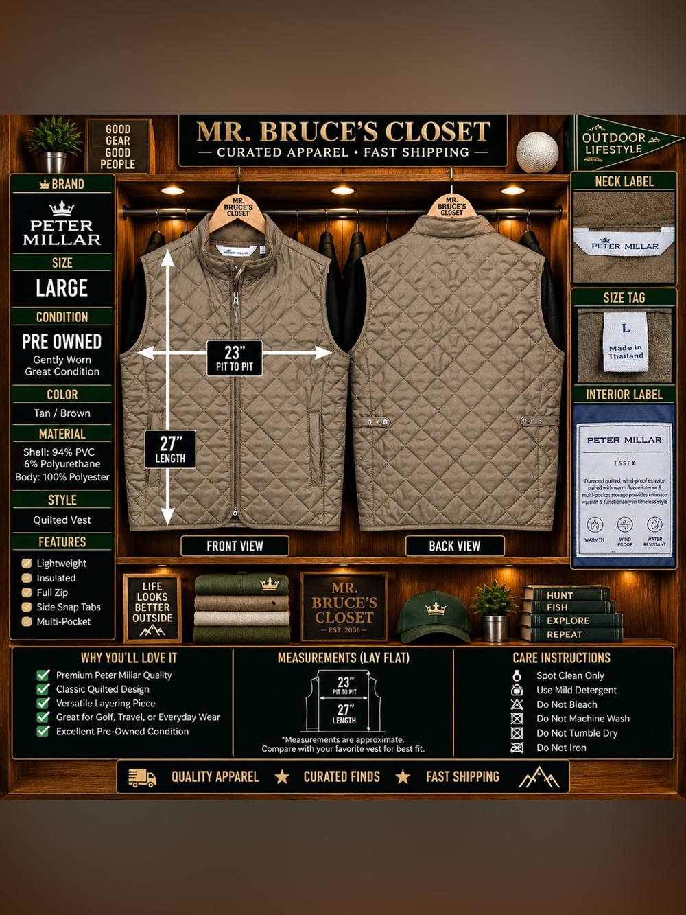 Peter Millar Essex Quilted Vest Men’s Large Brown Tan Full Zip Fleece Lined